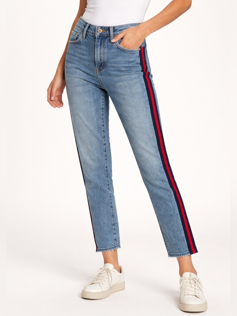 NWT Pistola Nico High Rise Mom Jean With Navy Red Stripe Size